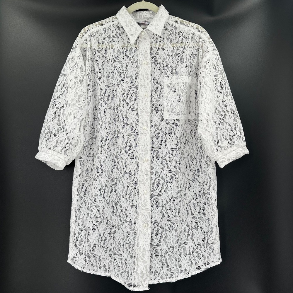 Under the Sun White Floral Lace Button Down Shirt Tunic Large Vintage